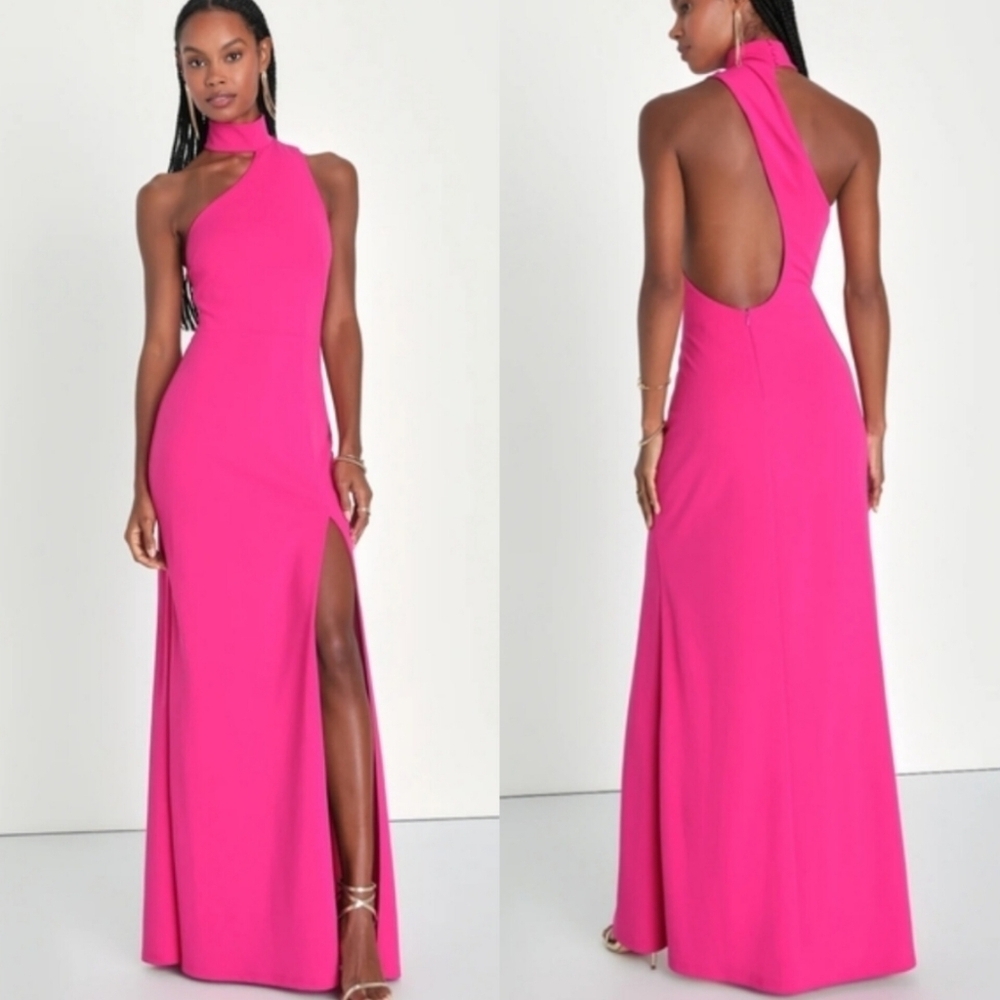 Lulus Keep It Interesting Hot Pink Asymmetrical Halter Maxi Dress XL Wedding